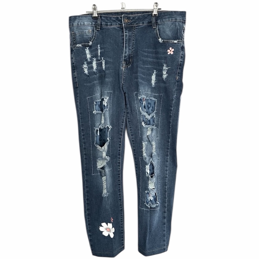 Distressed Blue Jeans With Animal Print & Floral Accents - Size XL - Pre-Loved